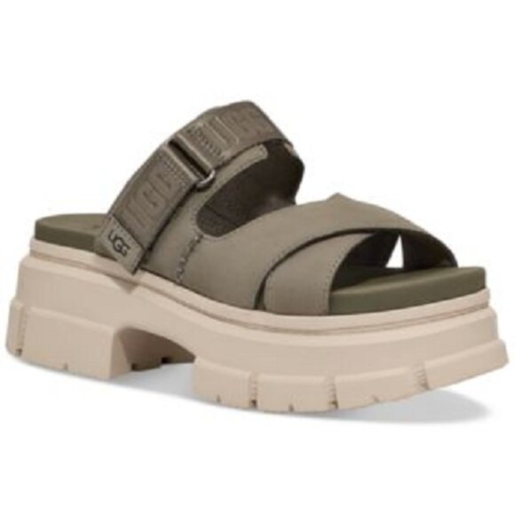 UGG Women's Green Nubuck Leather platform Chunky Slide Sandals, sz 7.5 - Picture 1 of 13
